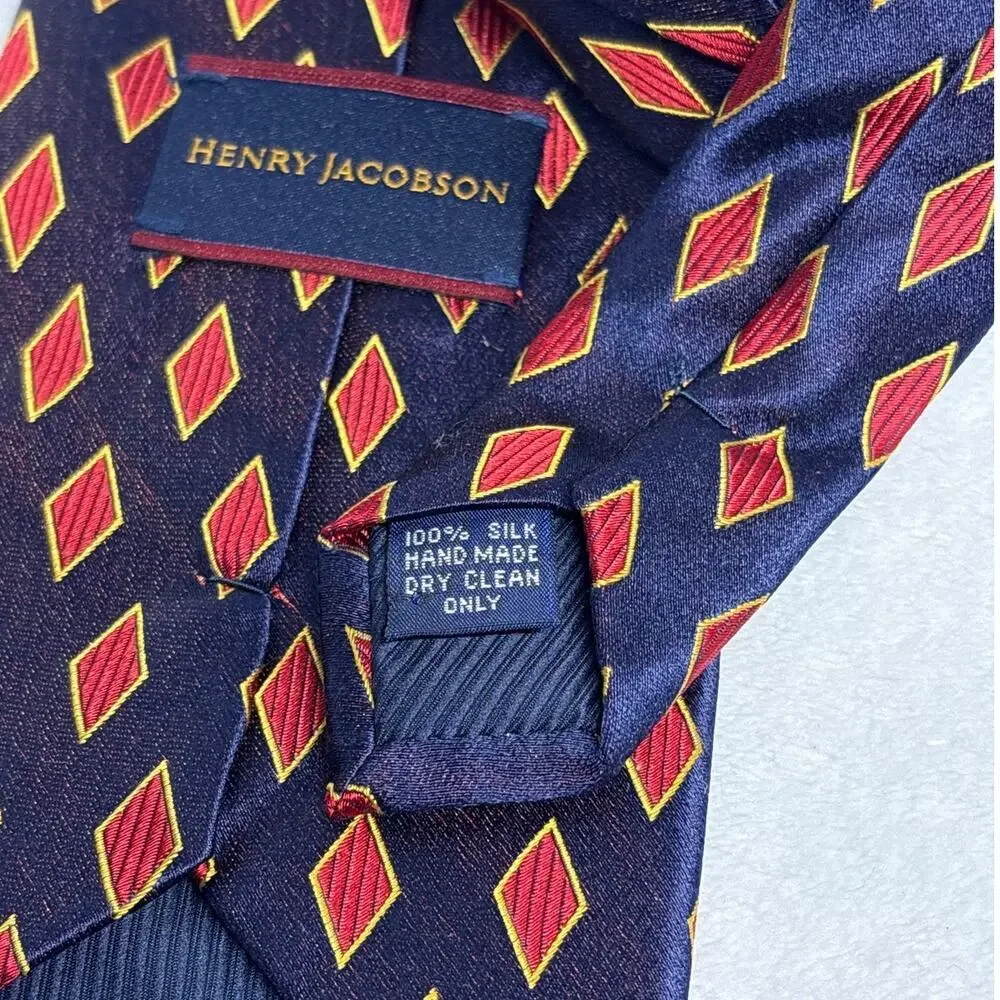 Henry Jacobson Men's Neck Tie‎ Blue Red Yellow Geometric 100% Silk Corpcore